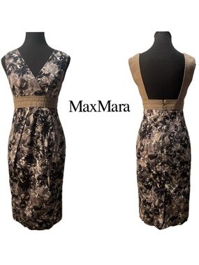 Max Mara Watercolor Floral Sheath Open Back Cotton Cocktail Dress 2 Italian 36